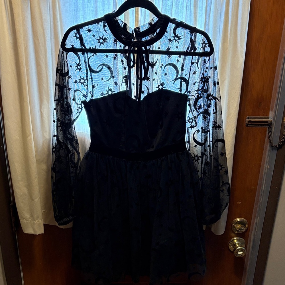 Unique Vintage Black Sheer Dress with Celestial Design
